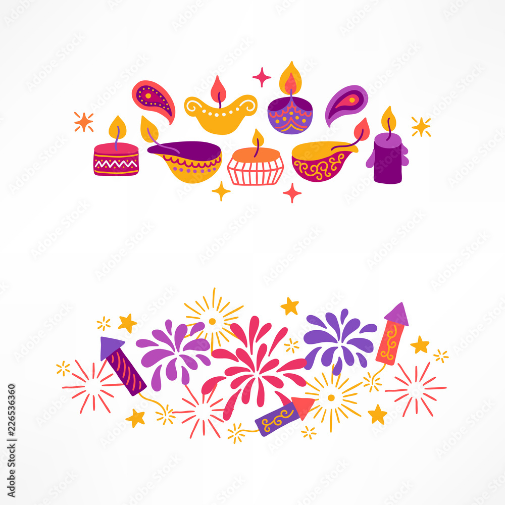 Diwali compositions with candles, stars, firework and firecrackers