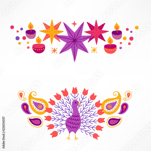 Diwali compositions with stars, candles, confetti, peacock and paisley