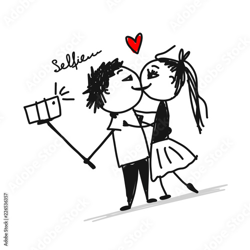 Couple in love do photos with mobile smart phone device using selfie