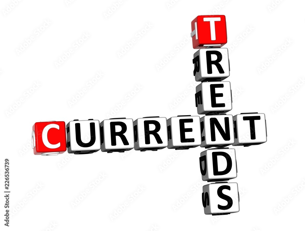 3D Rendering Crossword Current Trends Over White Background. 3D Rendering Crossword Current Trends Over White Background.