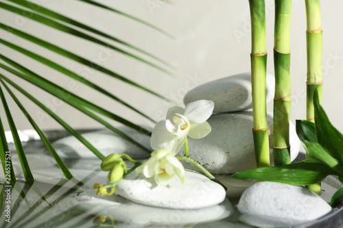 Spa stones  orchid and bamboo branches in water. Space for text