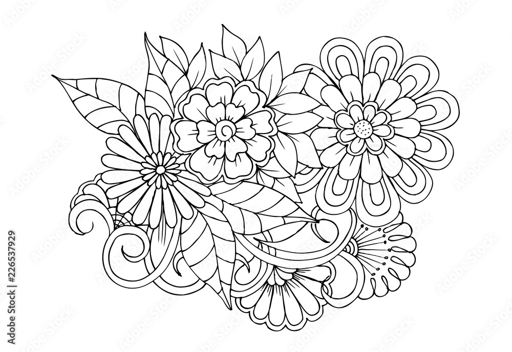 Naklejka premium Page for coloring book. Outline flowers. Doodles in black and white