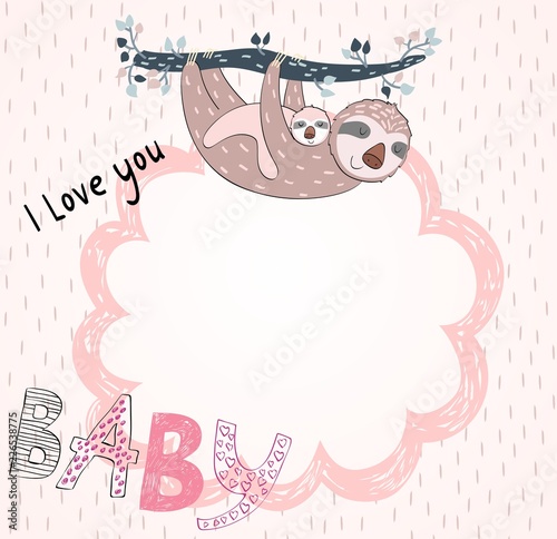 Baby shower cards. Vector sloth mom and baby