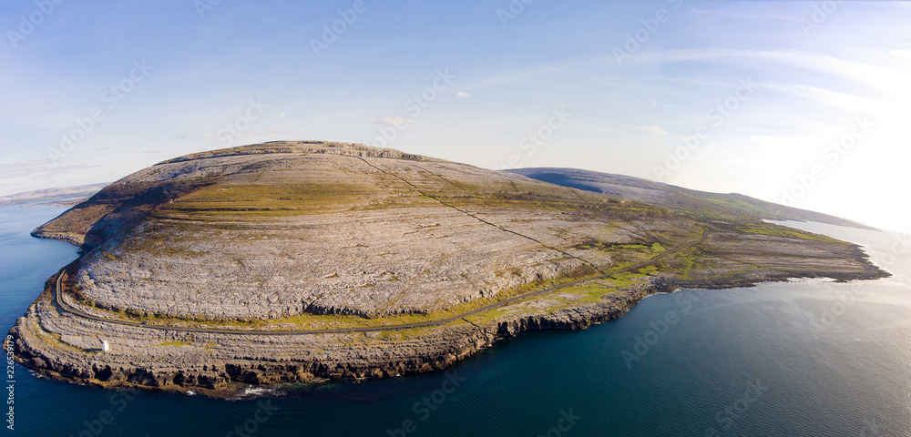 Aerial birds eye view of the burren national park. scenic tourism landscape for Unesco World Heritage site and global geopark geotourism along the wild atlantic way.