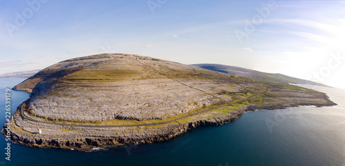 Aerial birds eye view of the burren national park. scenic tourism landscape for Unesco World Heritage site and global geopark geotourism along the wild atlantic way. photo