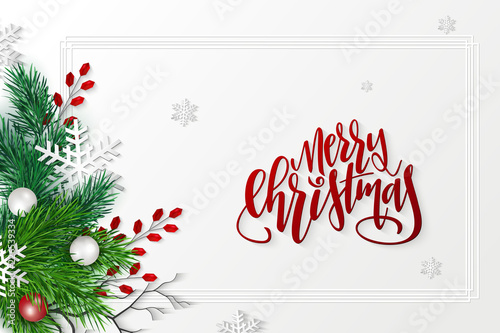 Vector illustration of greeting banner template with hand lettering label - merry Christmas - with realistic fir-tree branches, bauble, snowflakes, and decorative bead branches