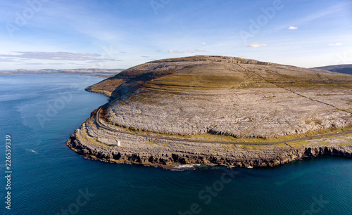 Aerial birds eye view of the burren national park. scenic tourism landscape for Unesco World Heritage site and global geopark geotourism along the wild atlantic way. photo