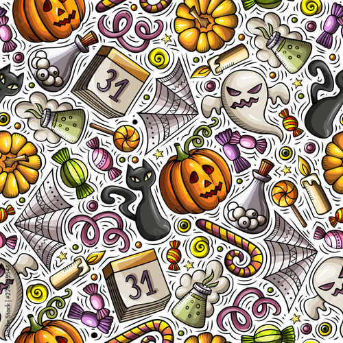 Cartoon cute hand drawn Halloween seamless pattern