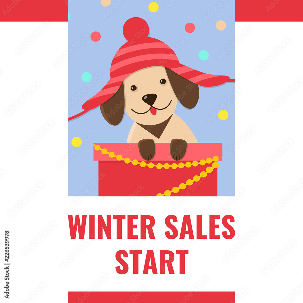 Winter sale banner with cute puppy in funny hat