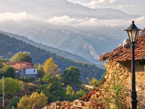 Palaios Panteleimonas village with old stonemason buildings on the foothills of Olympus mountain