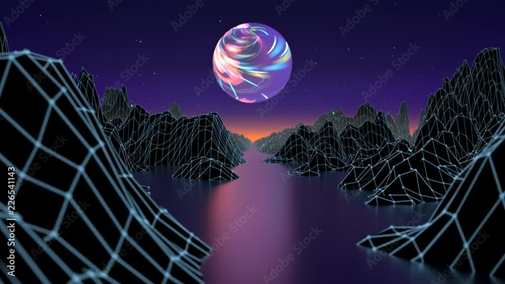 Hipster game from 80's cyber futuristic motion graphics. Digital oldschool game landscape wave animation with moon and space mountains. Laser grid on terrain surface moving in a cyber world. Seamless