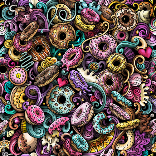 Cartoon cute doodles hand drawn Donuts seamless pattern