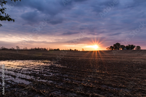 Rural sunrise sunset over a corn field after harvest. Sun peeks through clouds and makes colorful reflections in a puddle of rain water with room for copy 