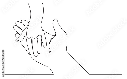 continuous line drawing of adult hand holding child hand