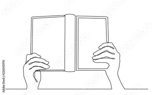 continuous line drawing of hands holding open book