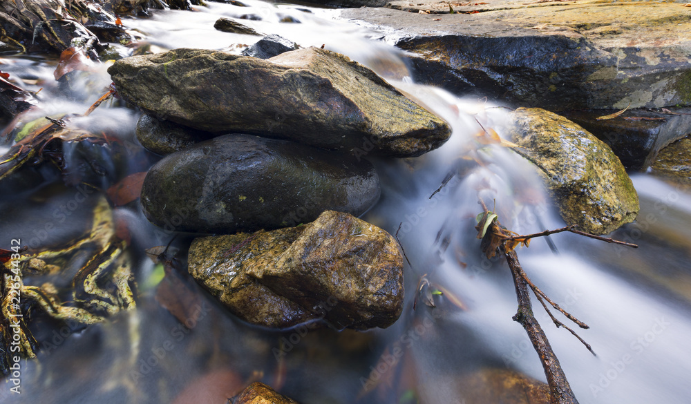 Landscape of small waterfall cascading over a rock with a long exposure Landscape of small waterfall cascading over a rock with a long exposure