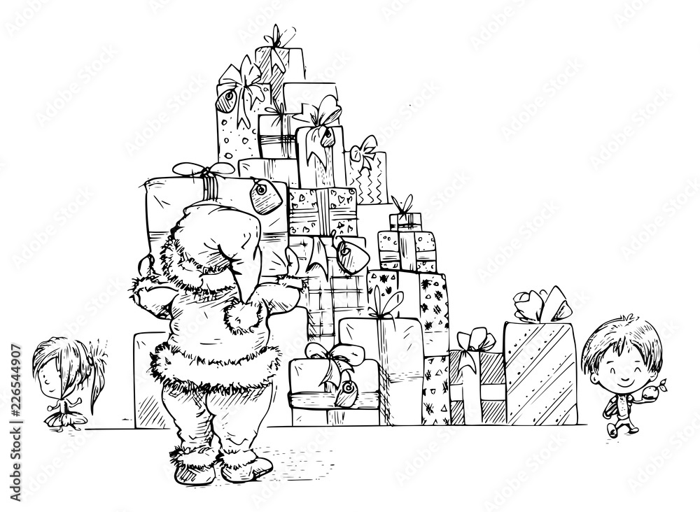 kerstman maakt grote stapel cadeaus Stock Illustration | Adobe Stock