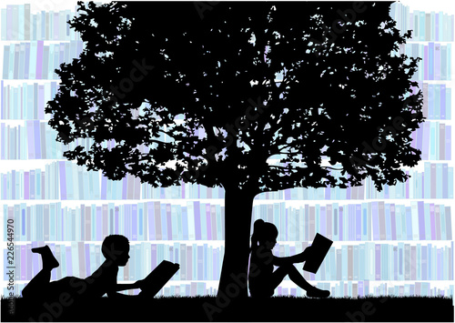 Silhouettes of people with a book.