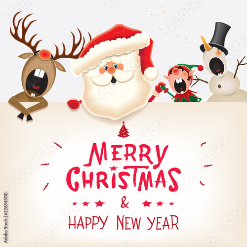 Santa Claus, Reindeer,Snowman and Elf with textual signboard-Merry Christmas and Happy New Year.