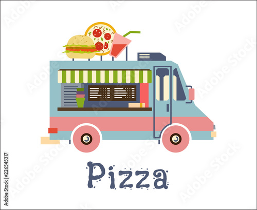 Fast Food Trailer with burger, pizza, drink, burrito, coffee Isolated on white. Street food car, mobile kitchen, restaurant