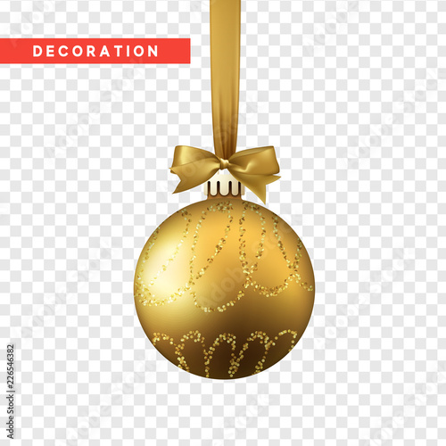 Xmas balls gold color. Christmas bauble decoration elements. Object isolated a background with transparency effect