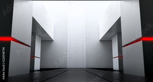 Modern hall long corridor with concrete floor and pool. Futuristic Big space background for product display. 3d render.