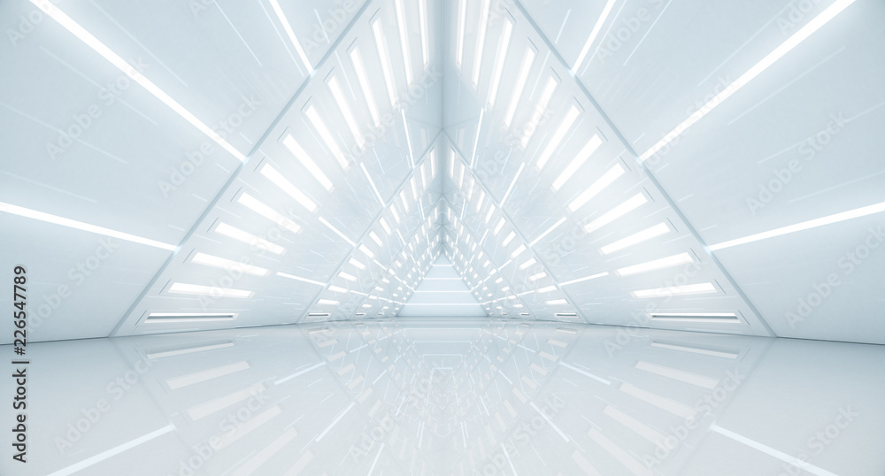 Fototapeta Futurystyczny tunel ze światłem.Korytarz statku kosmicznego streszczenie trójkąt.Fototapeta 3D