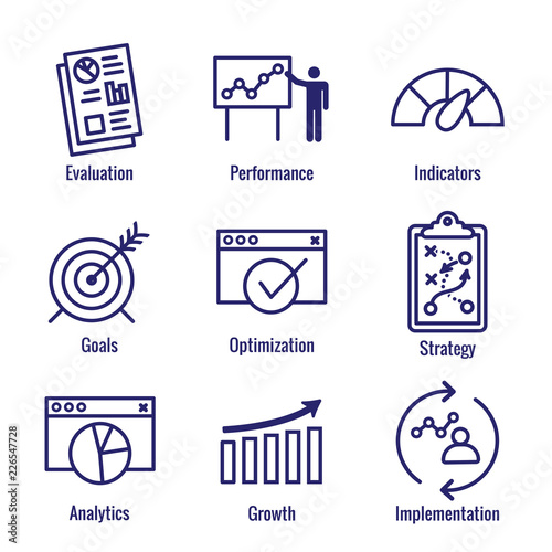 KPI - Key Performance Indicators Icon set with Evaluation, Growth, Strategy, etc