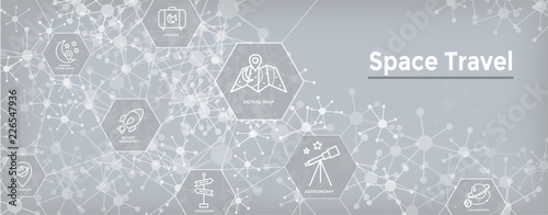 Space Travel or Tourism Web Header Banner with spaceship, telescope, and planets