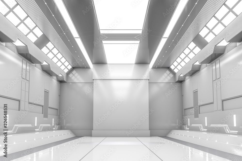 Futuristic tunnel with light. White Spaceship corridor interior view.Future background, business, sci-fi or science concept. 3D Rendering.