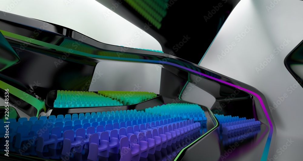 Conceptual abstract design of the interior of the concert hall and grand piano in a modern style. 3D illustration and rendering. Conceptual abstract design of the interior of the concert hall and grand piano in a modern style. 3D illustration and rendering.