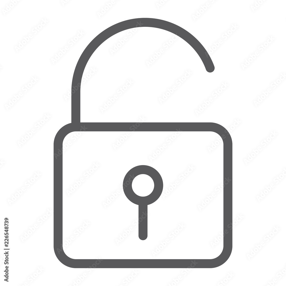 Unlock line icon, security and padlock, lock sign, vector graphics, a linear pattern on a white background. Unlock line icon, security and padlock, lock sign, vector graphics, a linear pattern on a white background.