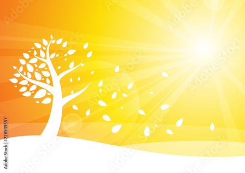 Vector : Tree and blowed leaves on orange background