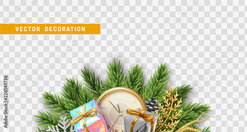 Christmas design. Composition with Xmas decorations. Christmas tree branches with pine cones, colorful realistic gift boxes and retro clock. Vector isolated on transparent background.