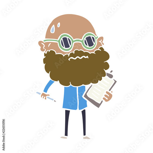 flat color style cartoon worried man with beard and sunglasses taking survey