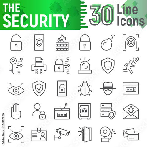 Security line icon set, protection symbols collection, vector sketches, logo illustrations, defense signs linear pictograms package isolated on white background.