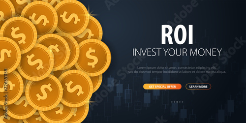 Return on Investment, ROI, Market and Finance, Investment trading, Coins and Candle stick graph on the Backround.