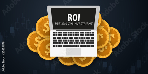 Return on Investment, ROI, Market and Finance, Investment trading, Coins and Candle stick graph on the Backround.