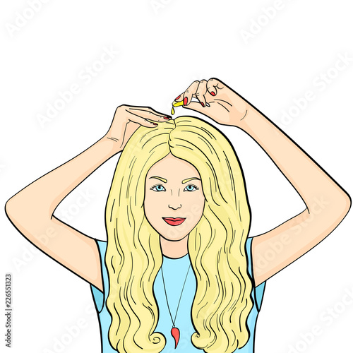 isolated object on white background, summer color. The girl uses capsules to nourish and strengthen the hair, scalp and nails. Vector