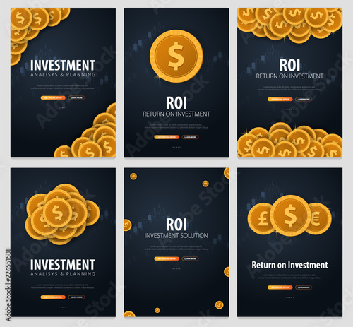 Set of Return on Investment, ROI, Market and Finance, Investment trading, Coins and Candle stick graph on the Backround.