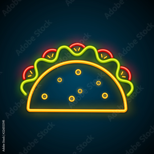 Traditional mexican snack food taco neon sign. Tasty beef or chicken meat, salad, tomato in delicious glowing light tacos isolated. Vector illustration for cafe nightlife advertising template