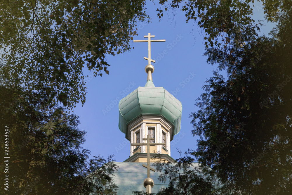 Dome of the old church with a cross through the foliage of trees against blue sky. A symbol of the Church of Jesus Christ. Faith concept