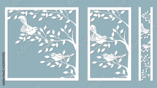 branch birches. Linden. Bird on the cherry branch. Graphic vector decorative elements. Template suitable for laser cutting. Template for plotter and screen printing. serigraphy