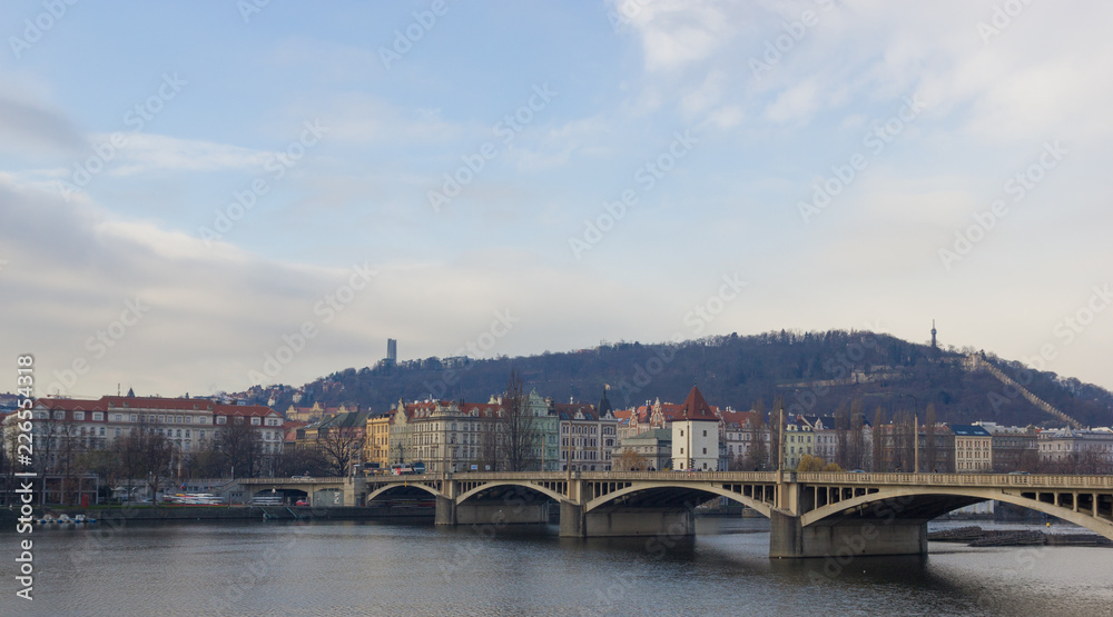 Palackeho bridge on a river in Prague city