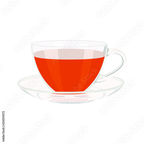 Cup of tea. Realistic glass cup and saucer with tea on white background. Vector illustration.   