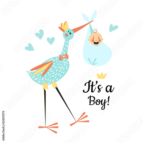 Vector Illustration. Design template card with hand lettering for baby shower. Cute funny stork and boy with different childish elements. Poster for the kid's birthday. 