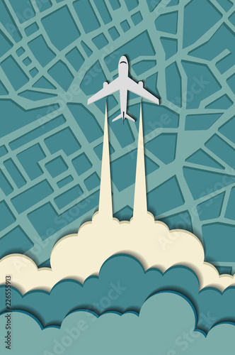 Airplane in the clouds flying over the city. Vibrant multicolored paper cut background. Abstract modern 3d origami paper art style