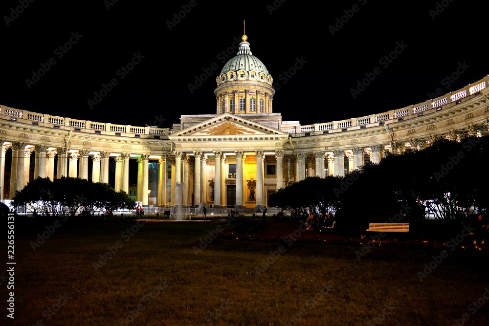 Bright façade Kazan Cathedral light up at night. St. Petersburg, Russia, Europe