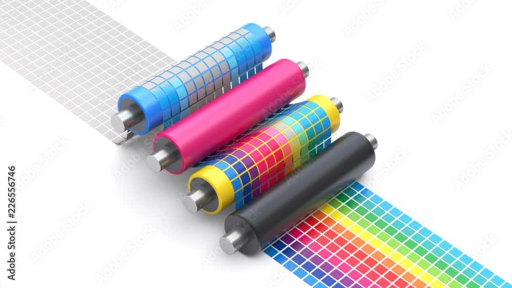 CMYK printing concept process with set of printer rollers and color chart