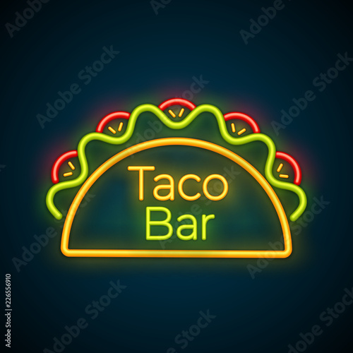 Traditional tacos meal neon glowing label illustration. Spicy vector night light taco sign with beef, green salad and red tomato with label Taco Bar for roadside neon style advertising design.